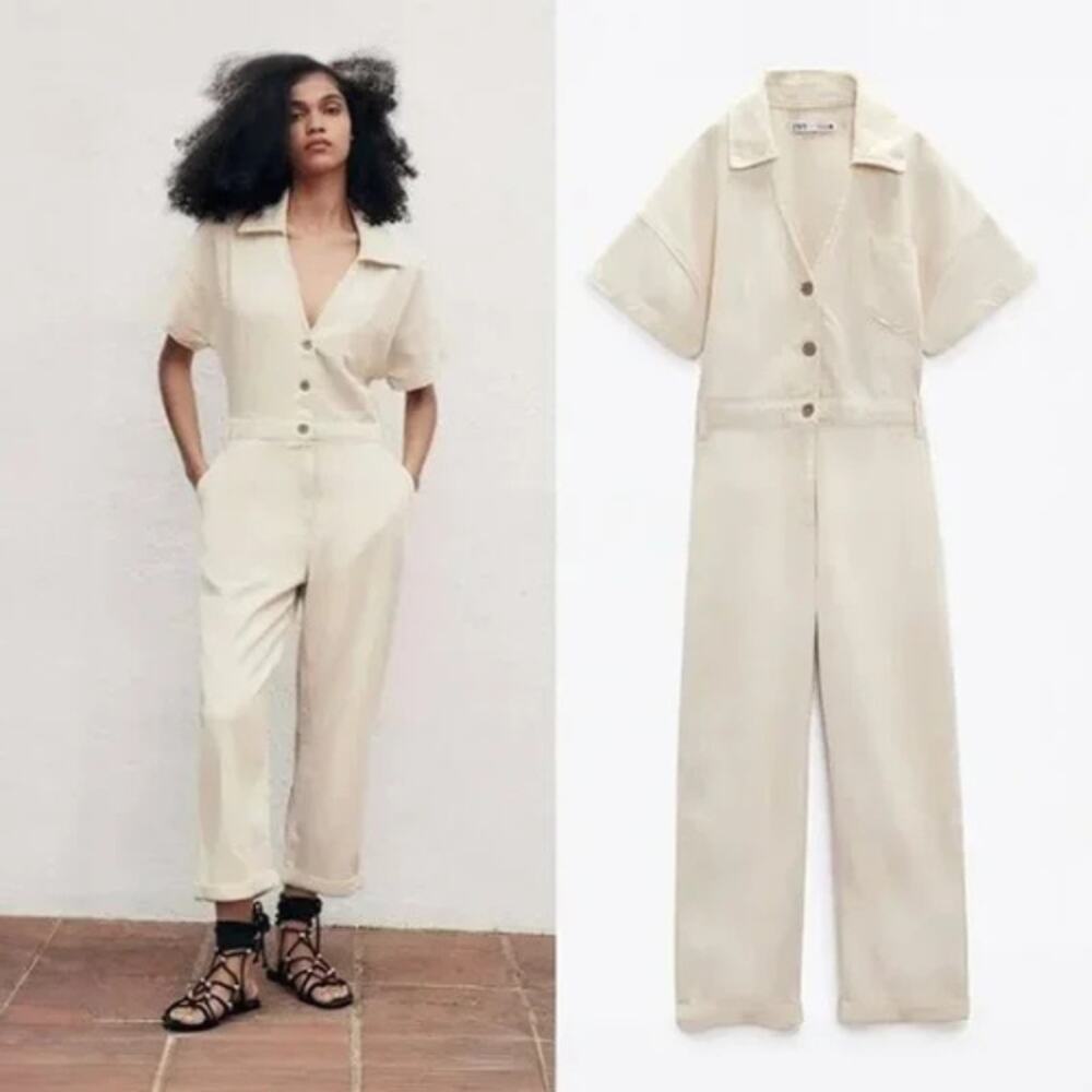 Zara Cream Short-Sleeve Utility Jumpsuit